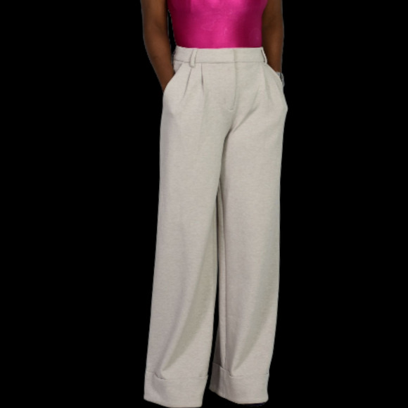 Express Stylist High Rise Pleated Wide Leg Trouser Beige Knit Cuffed Pant 2 Long - Picture 8 of 15